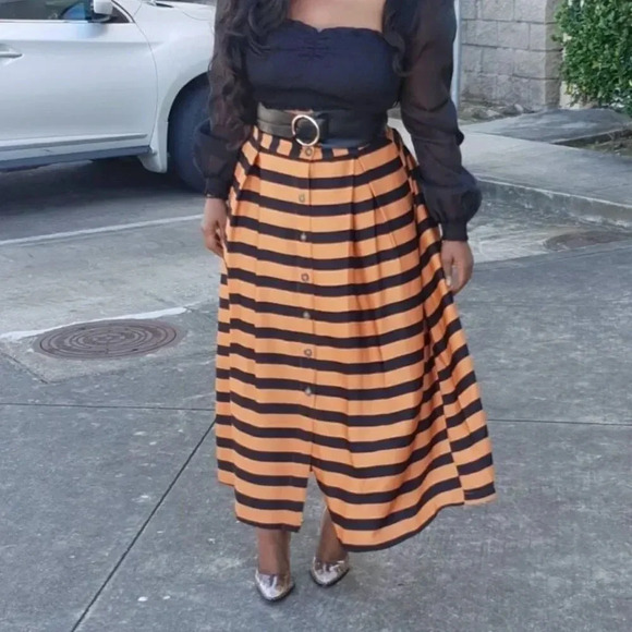 WHO WHAT WEAR | Copper Orange Black Stripe Skirt Maxi Button Down A-line | 14 - Picture 1 of 8